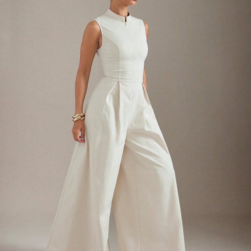 Apricot Elegant Women's Extreme Wide Leg Zip Front Sleeveless Jumpsuit - Picture 3 of 5